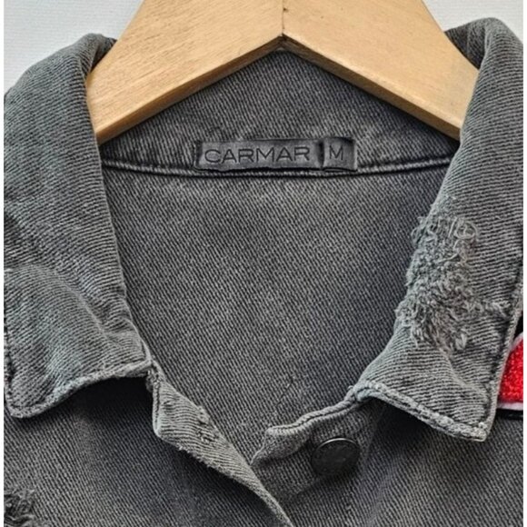 Carmar LF Charcoal Gray Faded Black Denim Jacket Red Star Patches M Distressed - Picture 3 of 11